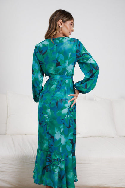 Green floral long sleeve dress sale