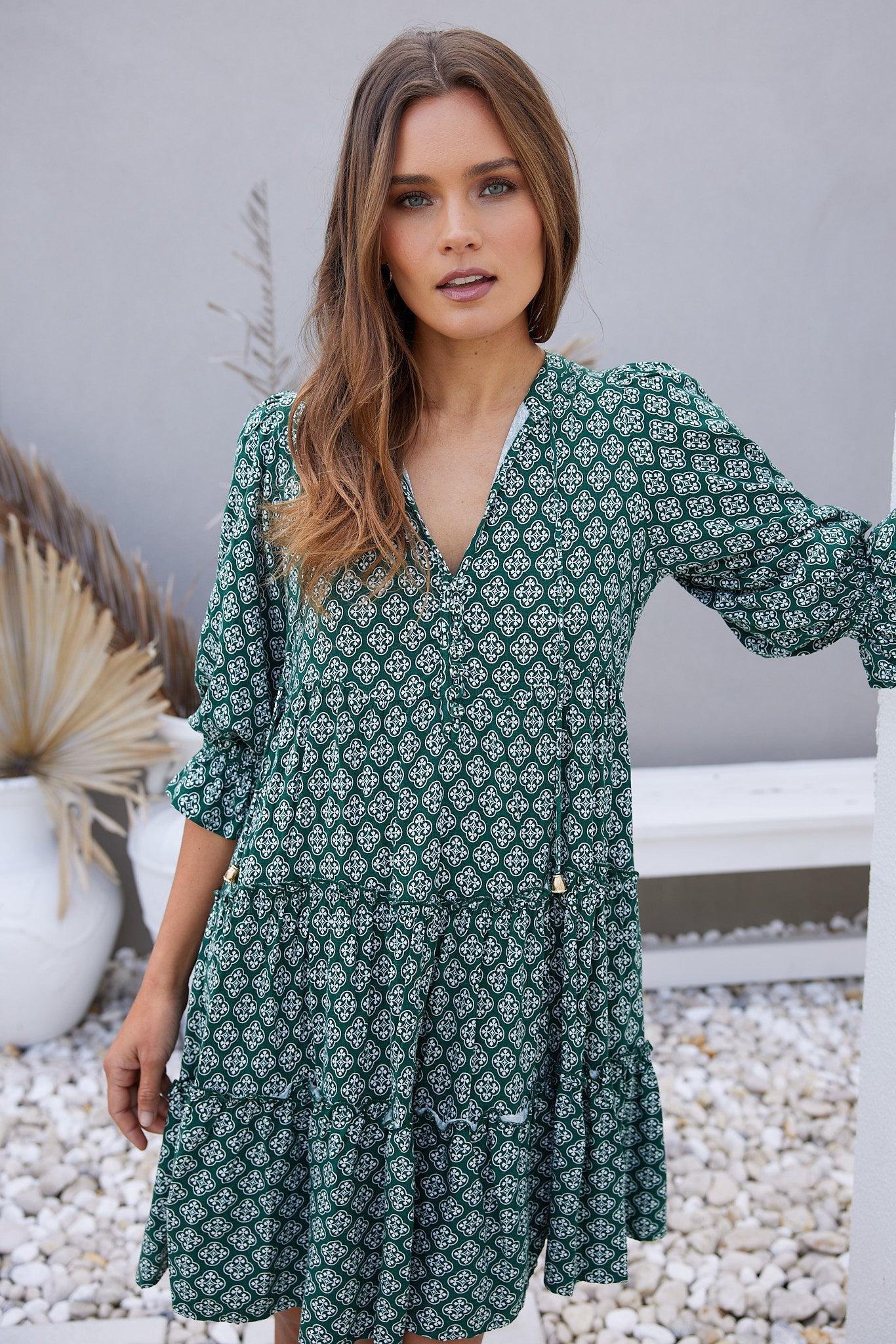 Esperanza Dress - Green Print-Dresses-Womens Clothing-ESTHER & CO.