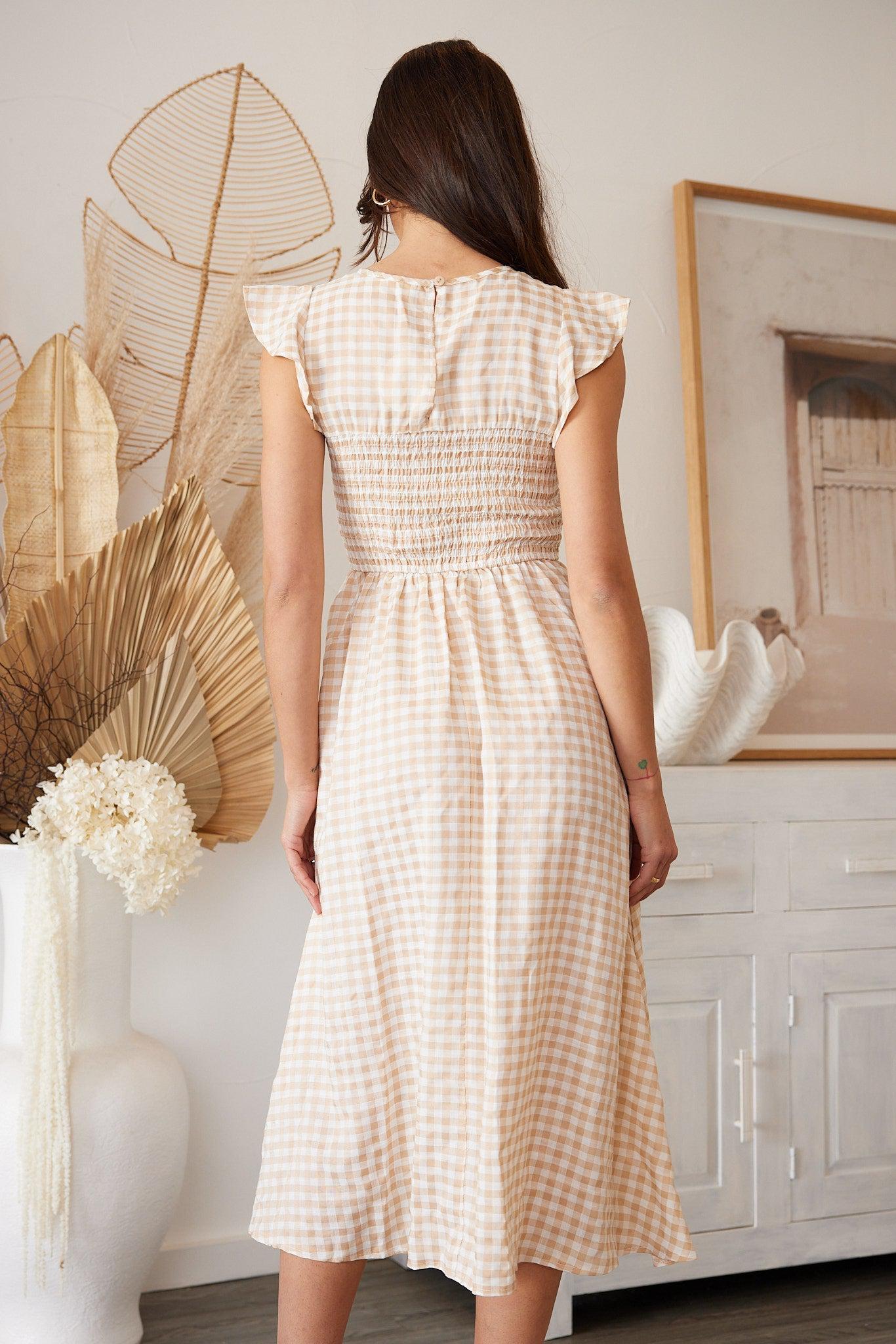 Karie Dress - Beige Gingham-Dresses-Womens Clothing-ESTHER & CO.