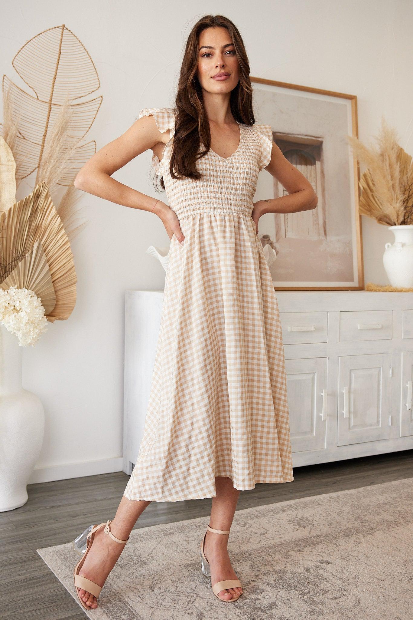 Karie Dress - Beige Gingham-Dresses-Womens Clothing-ESTHER & CO.