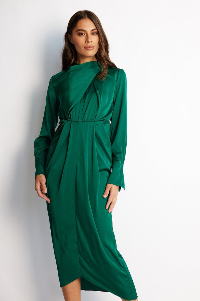 Green silk long hot sale sleeve dress